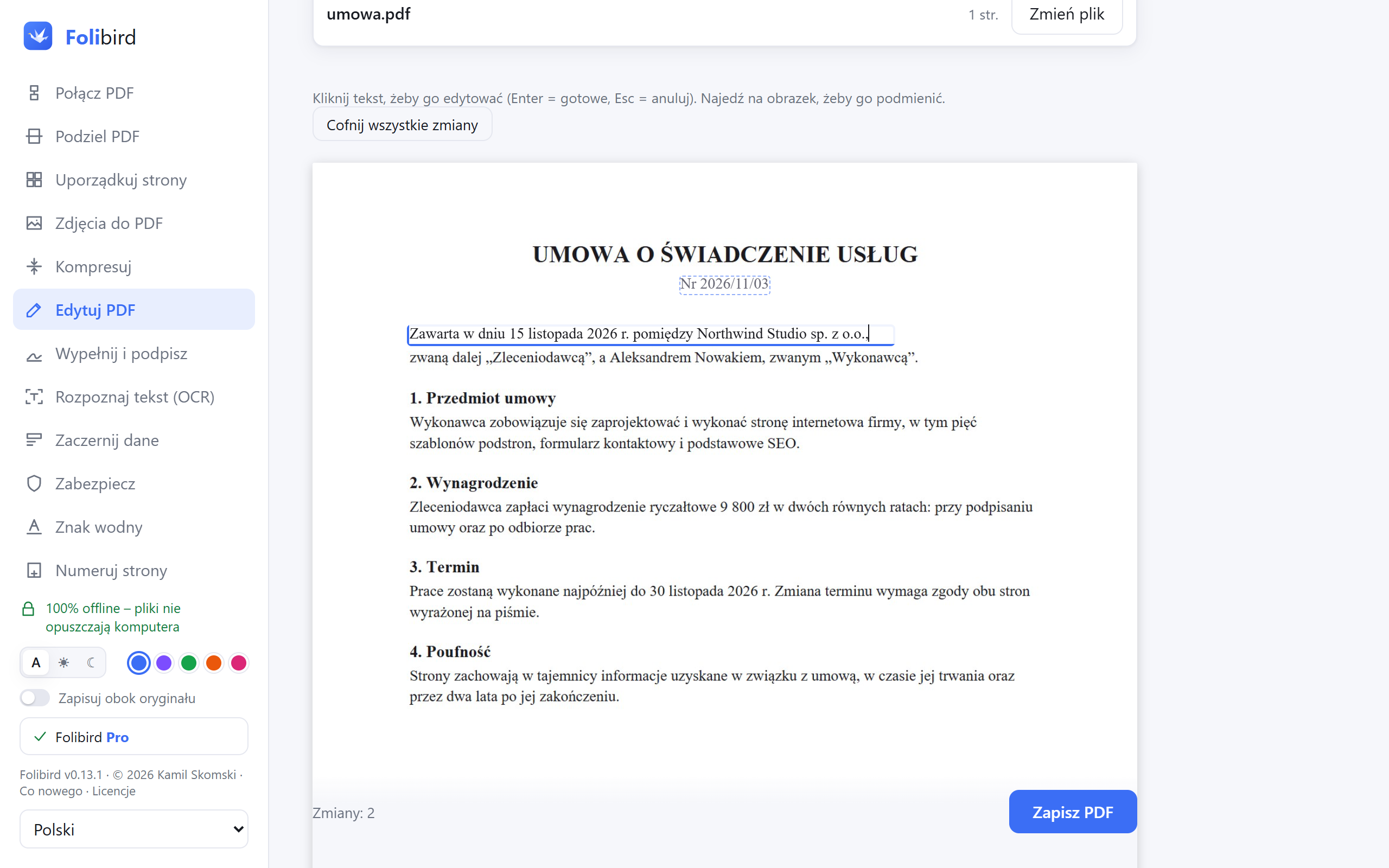 Zrzut ekranu aplikacji Folibird – Edytuj tekst w PDF