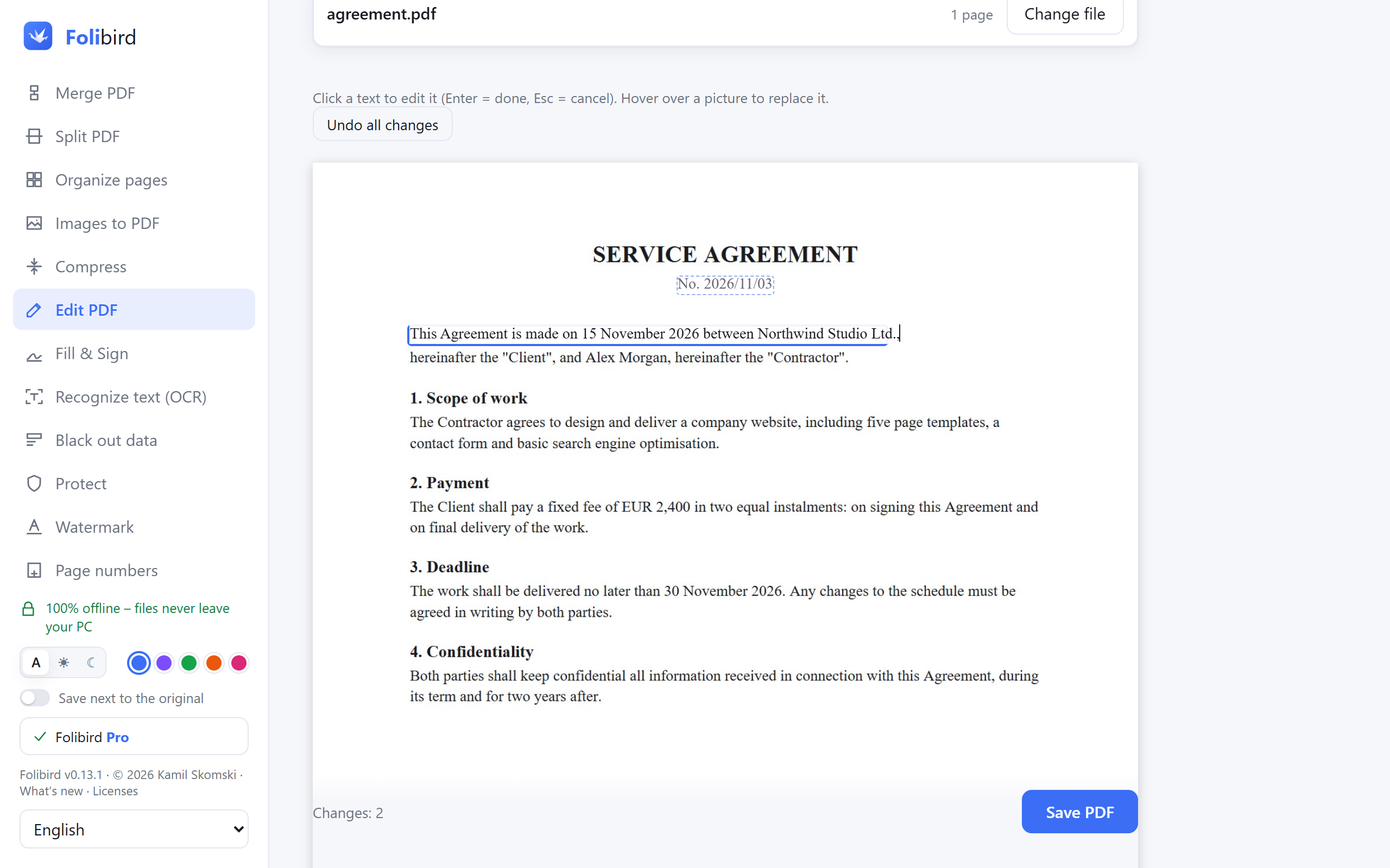 Folibird app screenshot – Edit text in a PDF