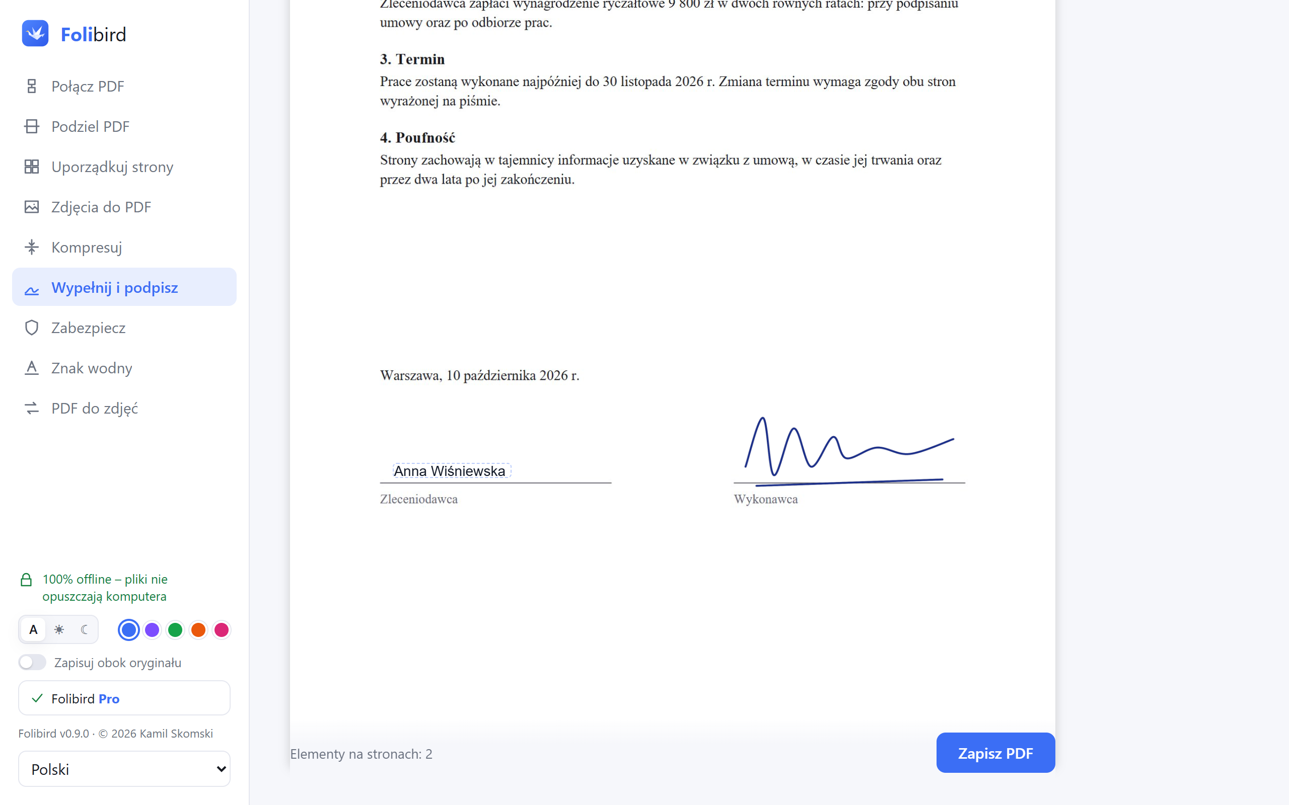 Zrzut ekranu aplikacji Folibird – Wypełnij formularz PDF