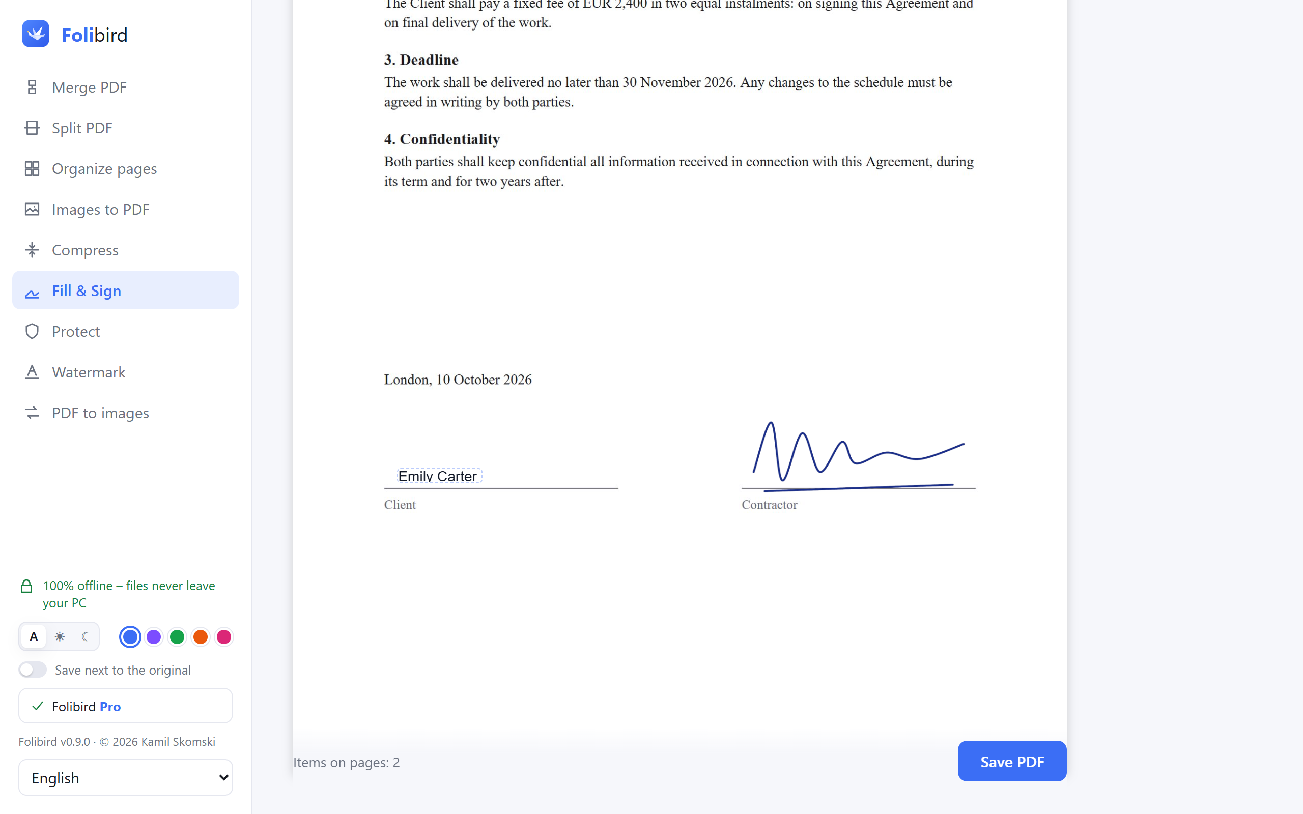 Folibird app screenshot – Fill in a PDF form