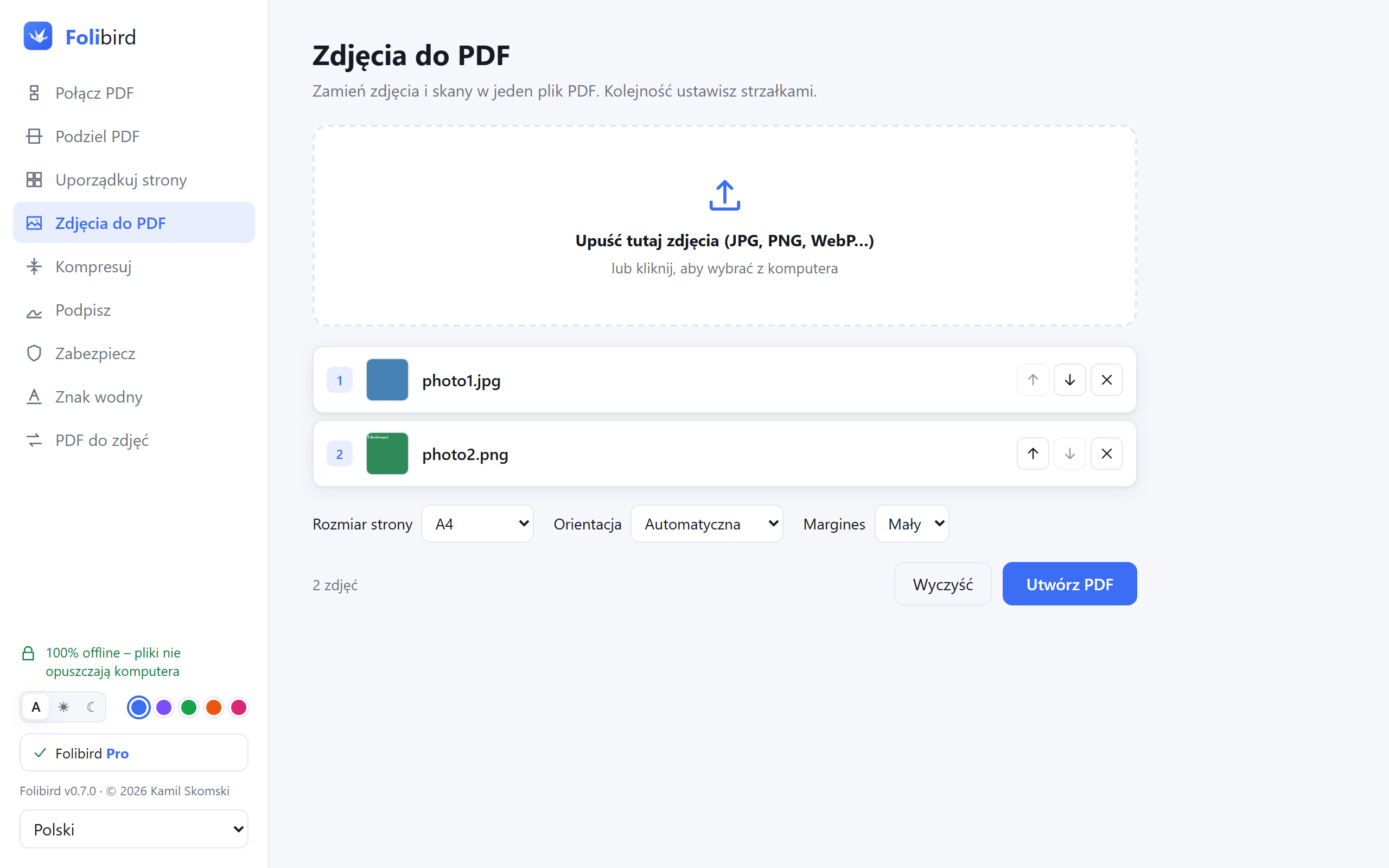 Zrzut ekranu aplikacji Folibird – Zdjęcia do PDF