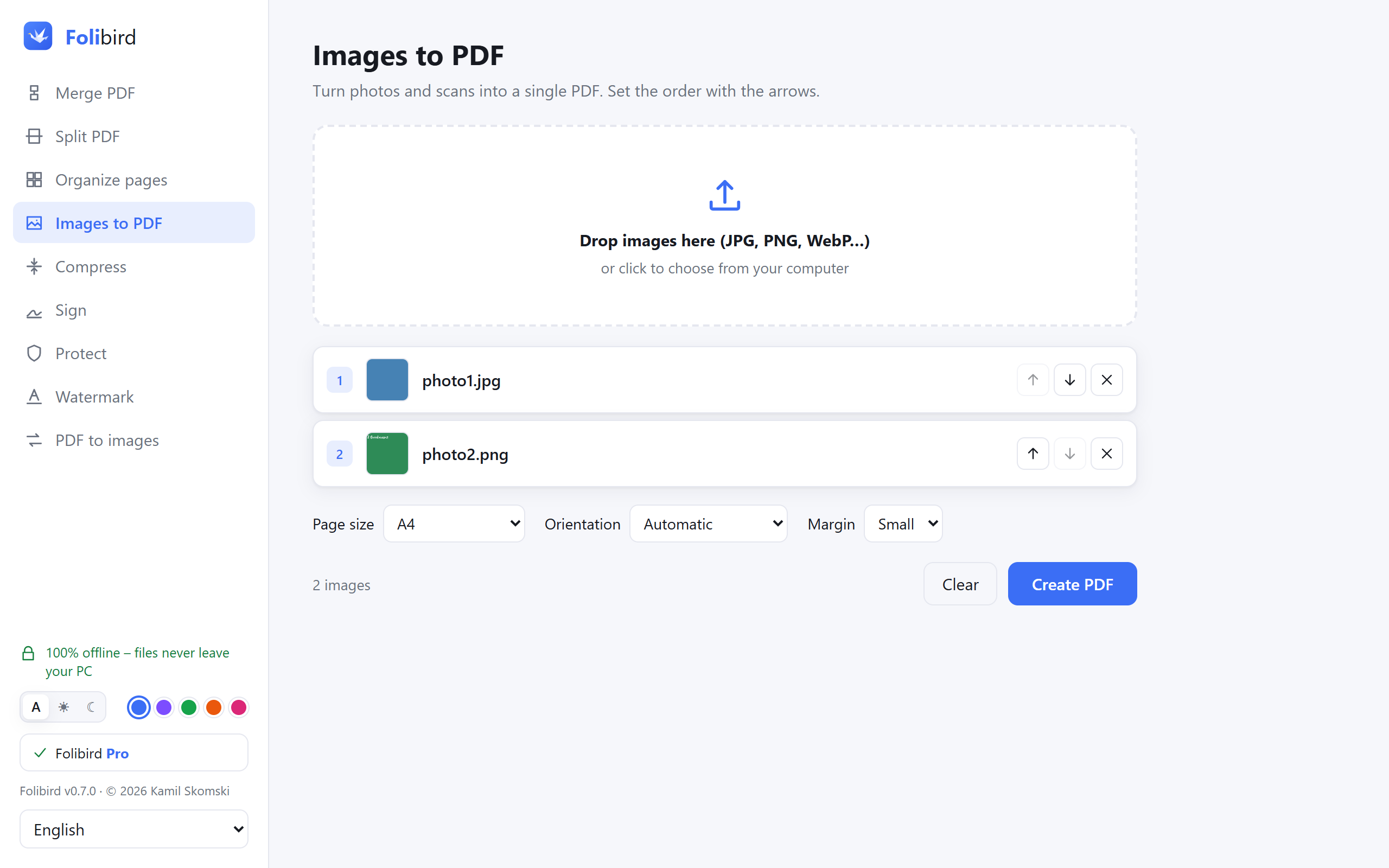 Folibird app screenshot – JPG to PDF