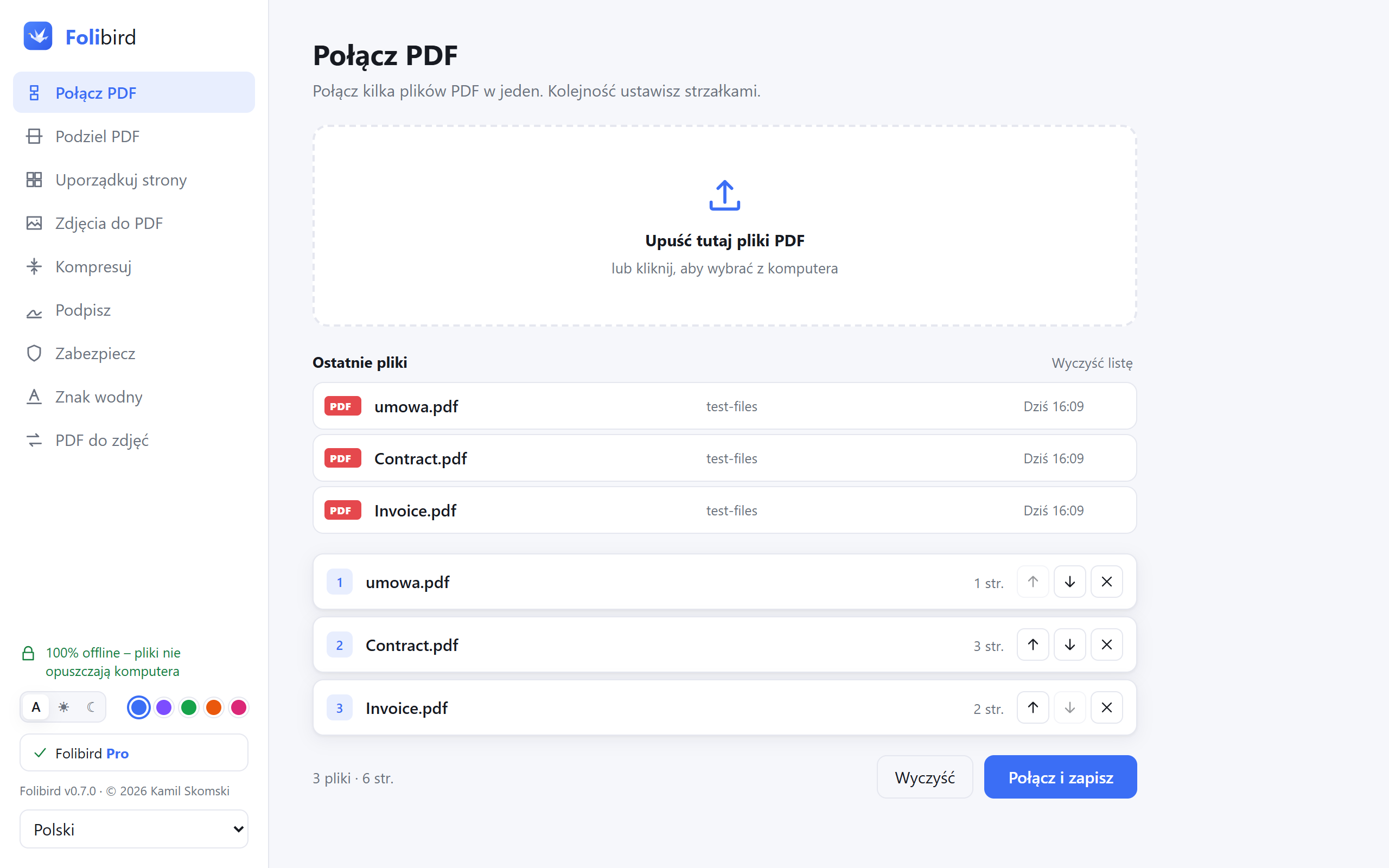 Zrzut ekranu aplikacji Folibird – Połącz PDF