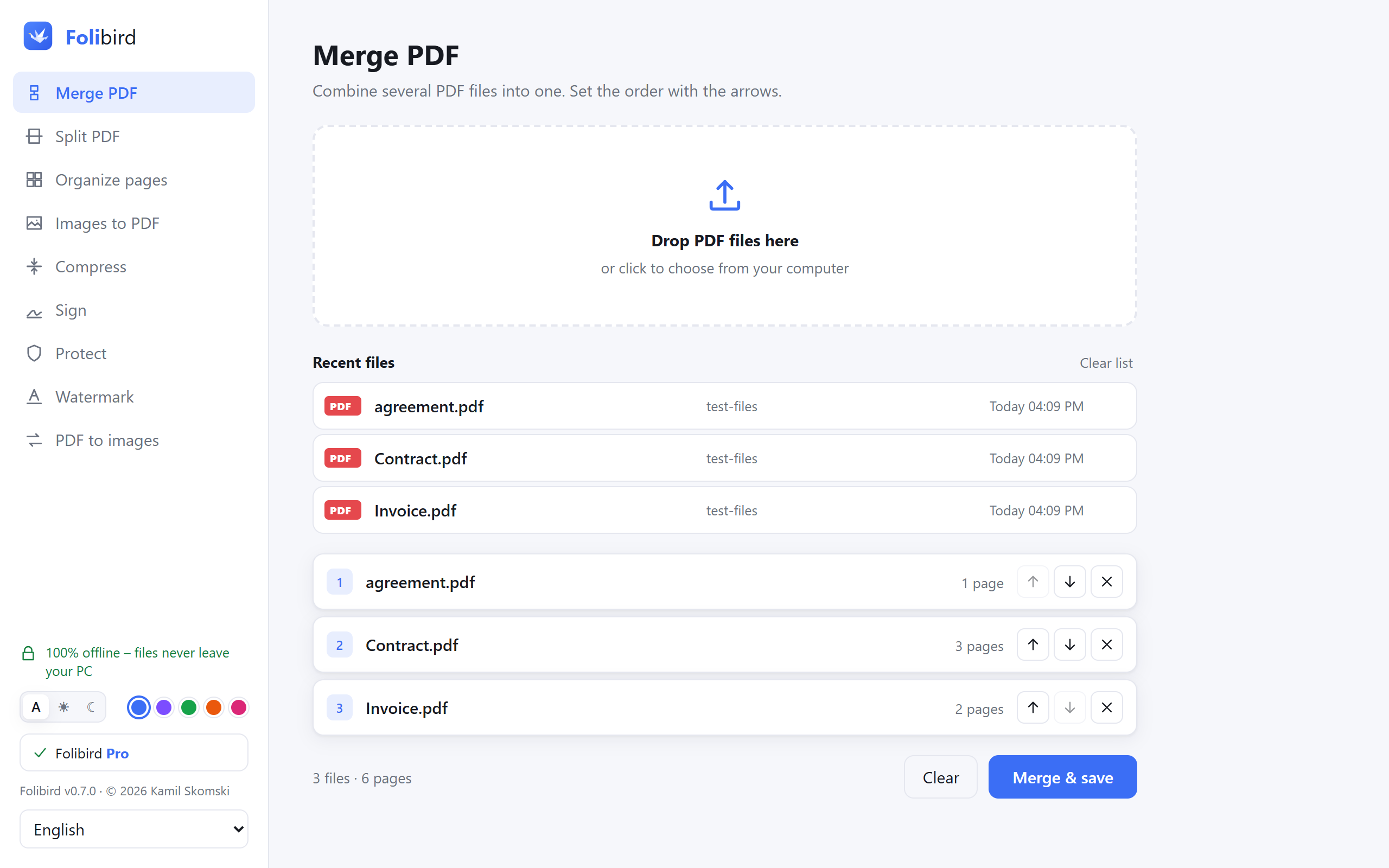 Folibird app screenshot – Merge PDFs