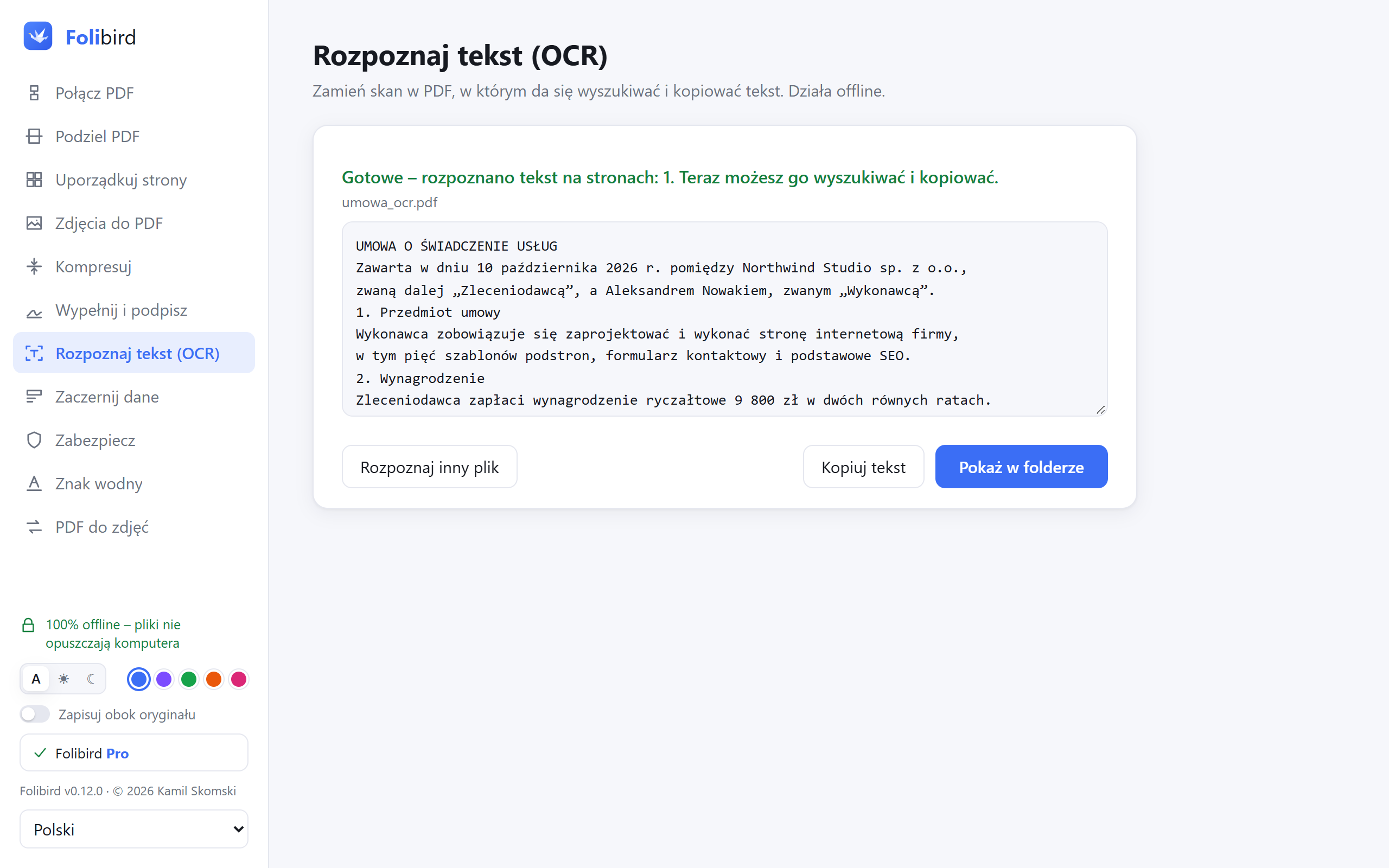 Zrzut ekranu aplikacji Folibird – Skan PDF z tekstem (OCR)