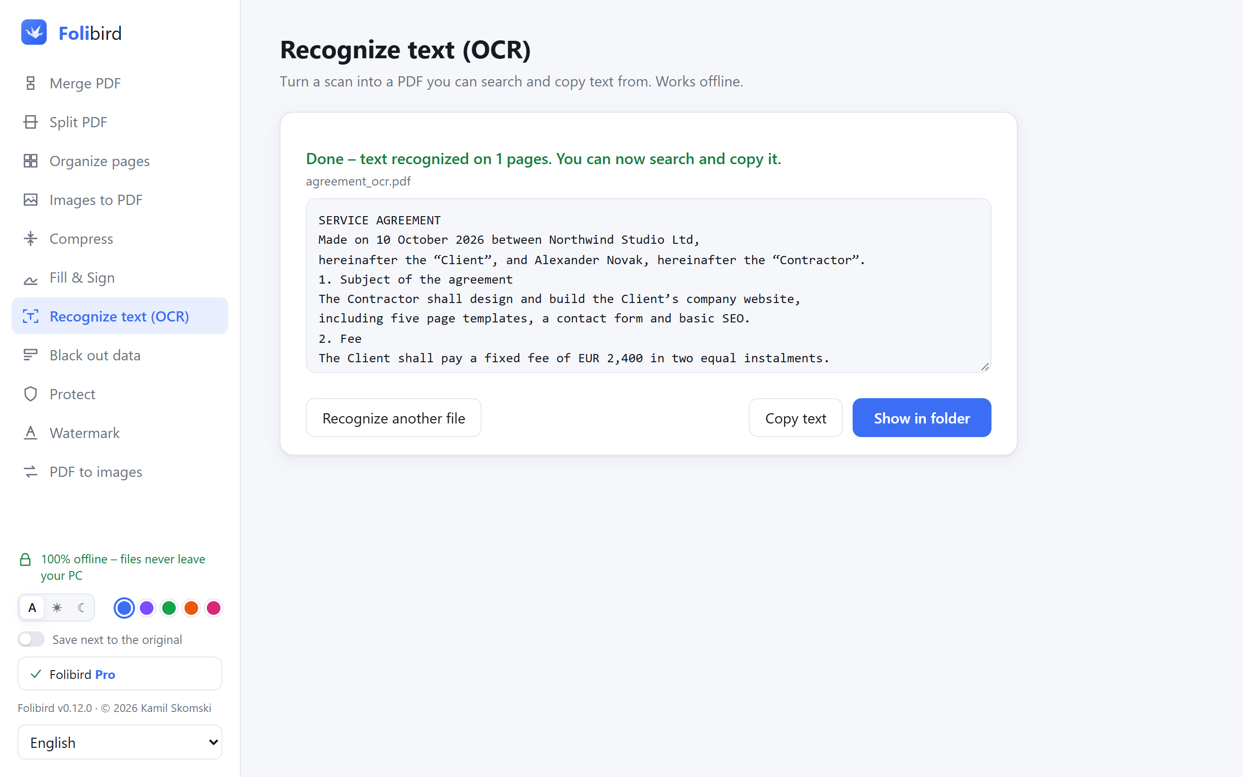 Folibird app screenshot – Make a scanned PDF searchable (OCR)