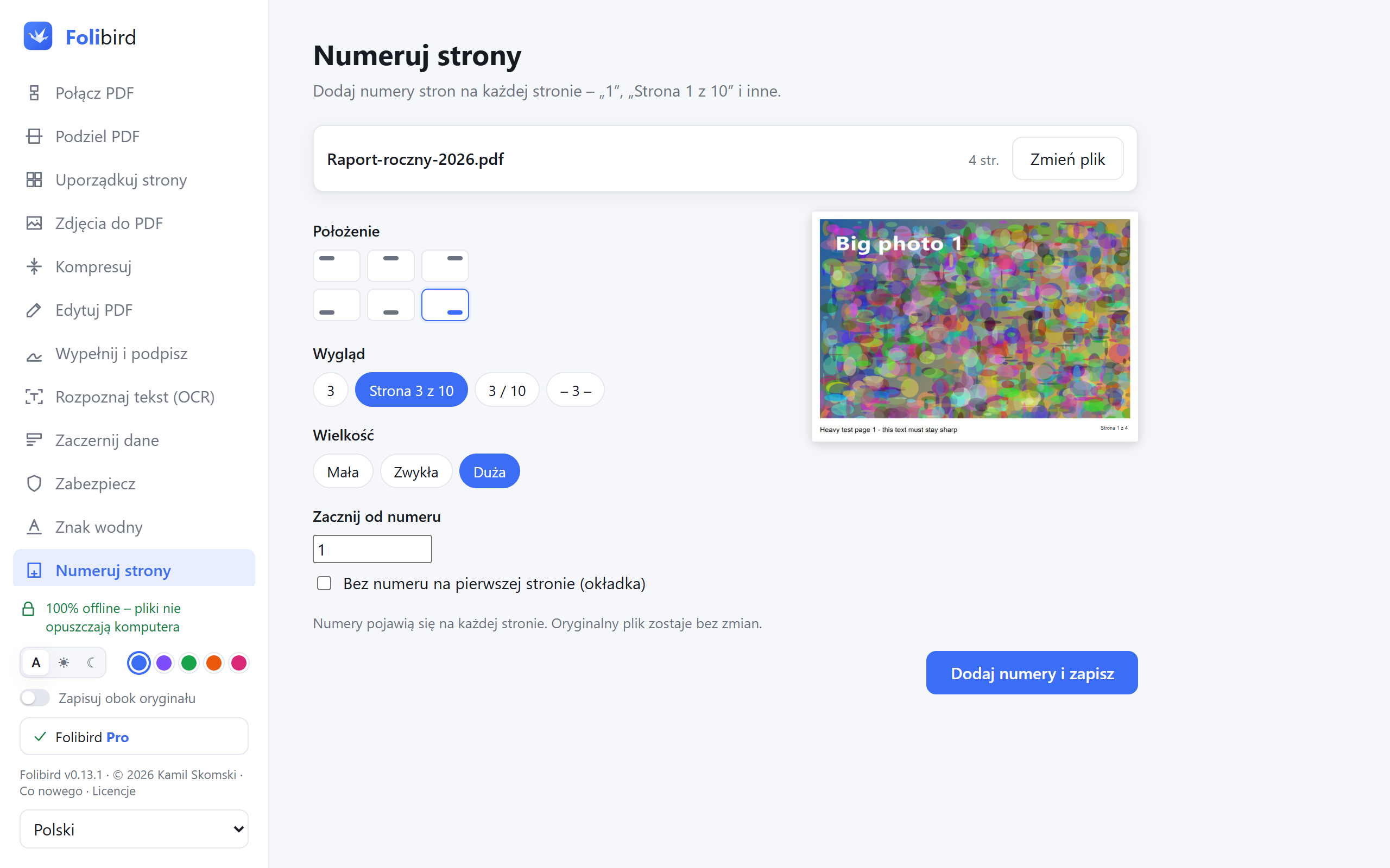 Zrzut ekranu aplikacji Folibird – Numeracja stron w PDF