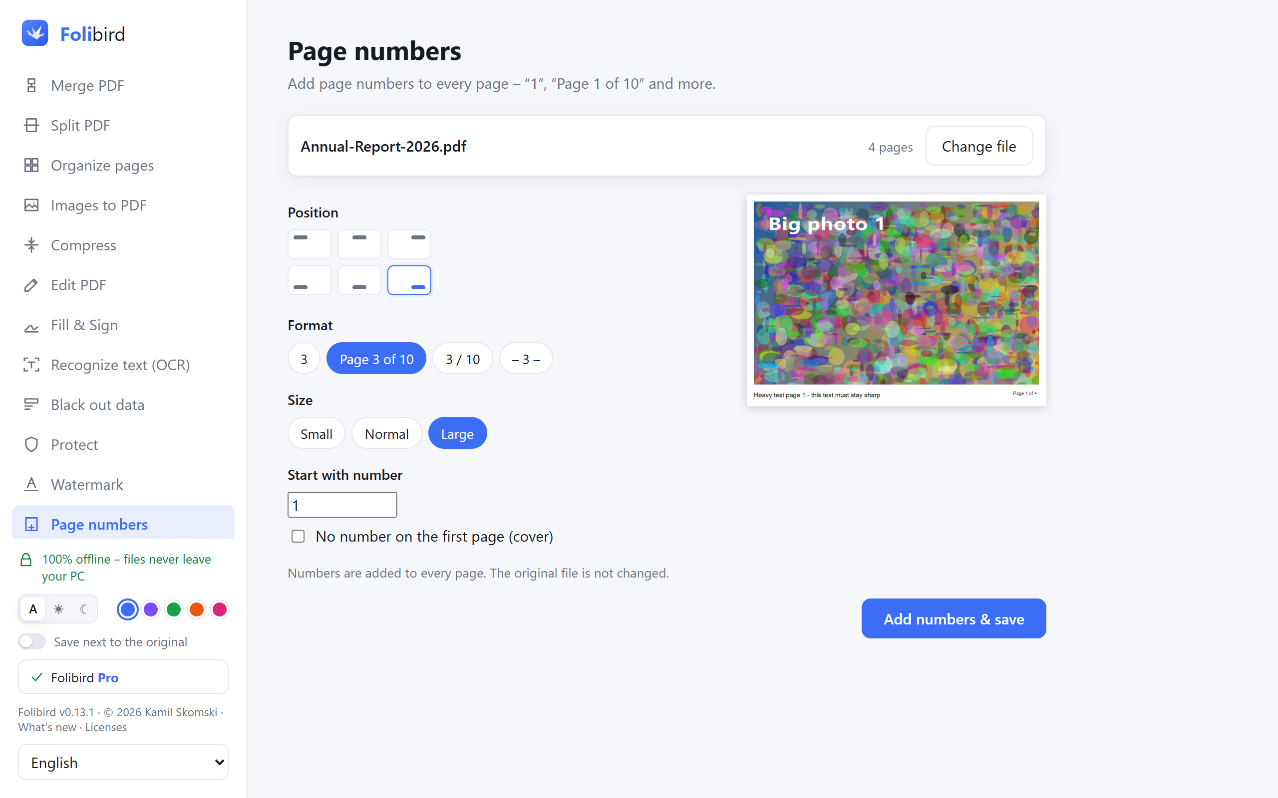 Folibird app screenshot – Add page numbers to a PDF