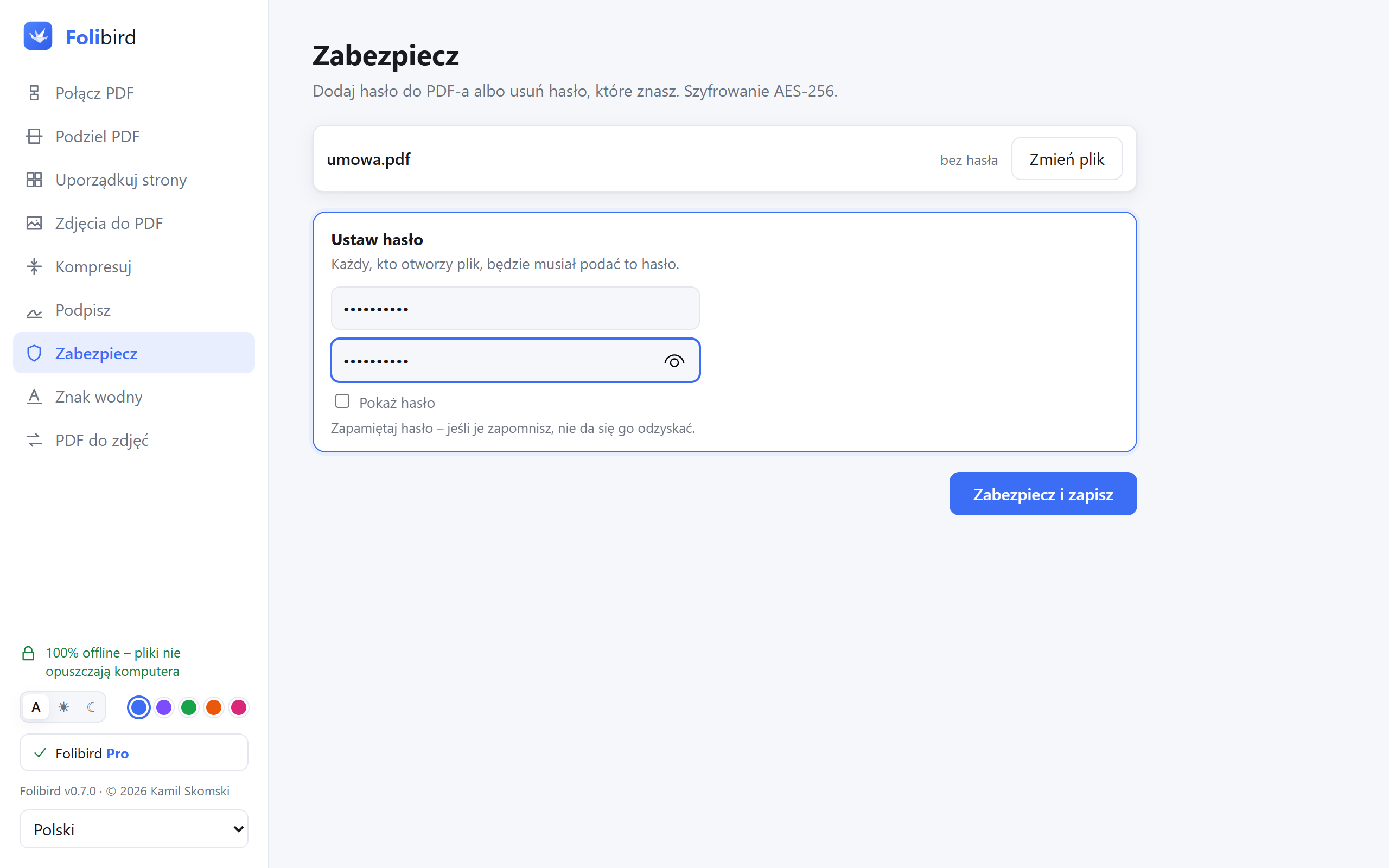 Zrzut ekranu aplikacji Folibird – Hasło do PDF