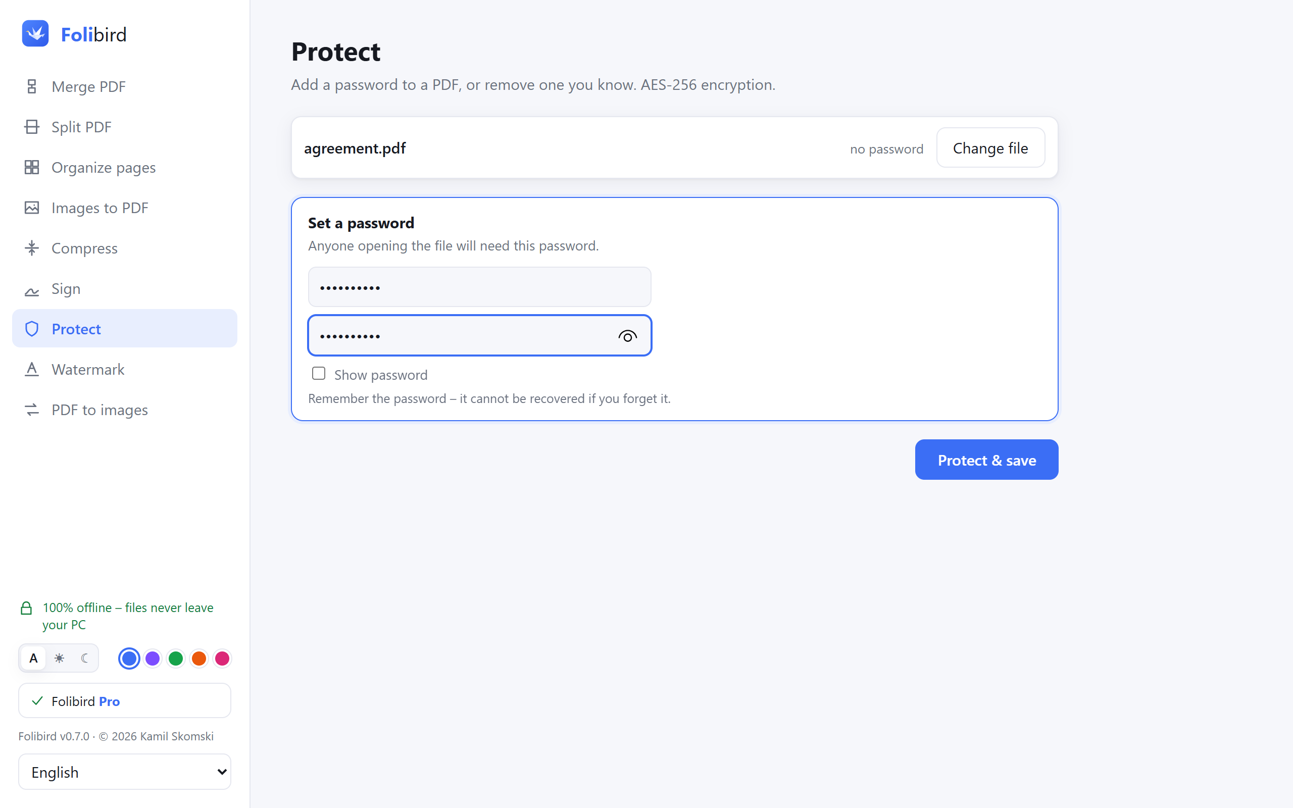 Folibird app screenshot – Password-protect a PDF
