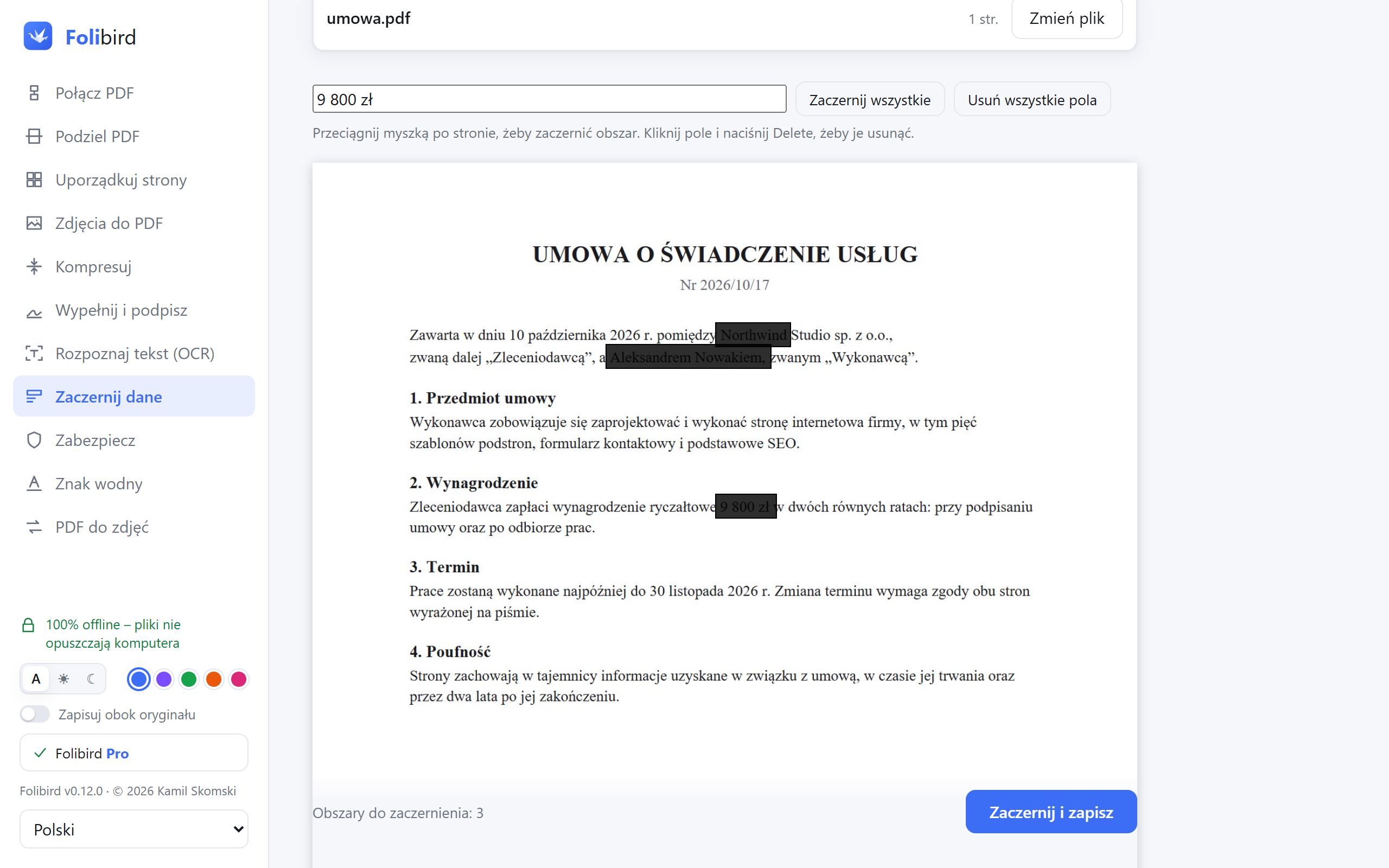 Zrzut ekranu aplikacji Folibird – Zaczernij dane w PDF