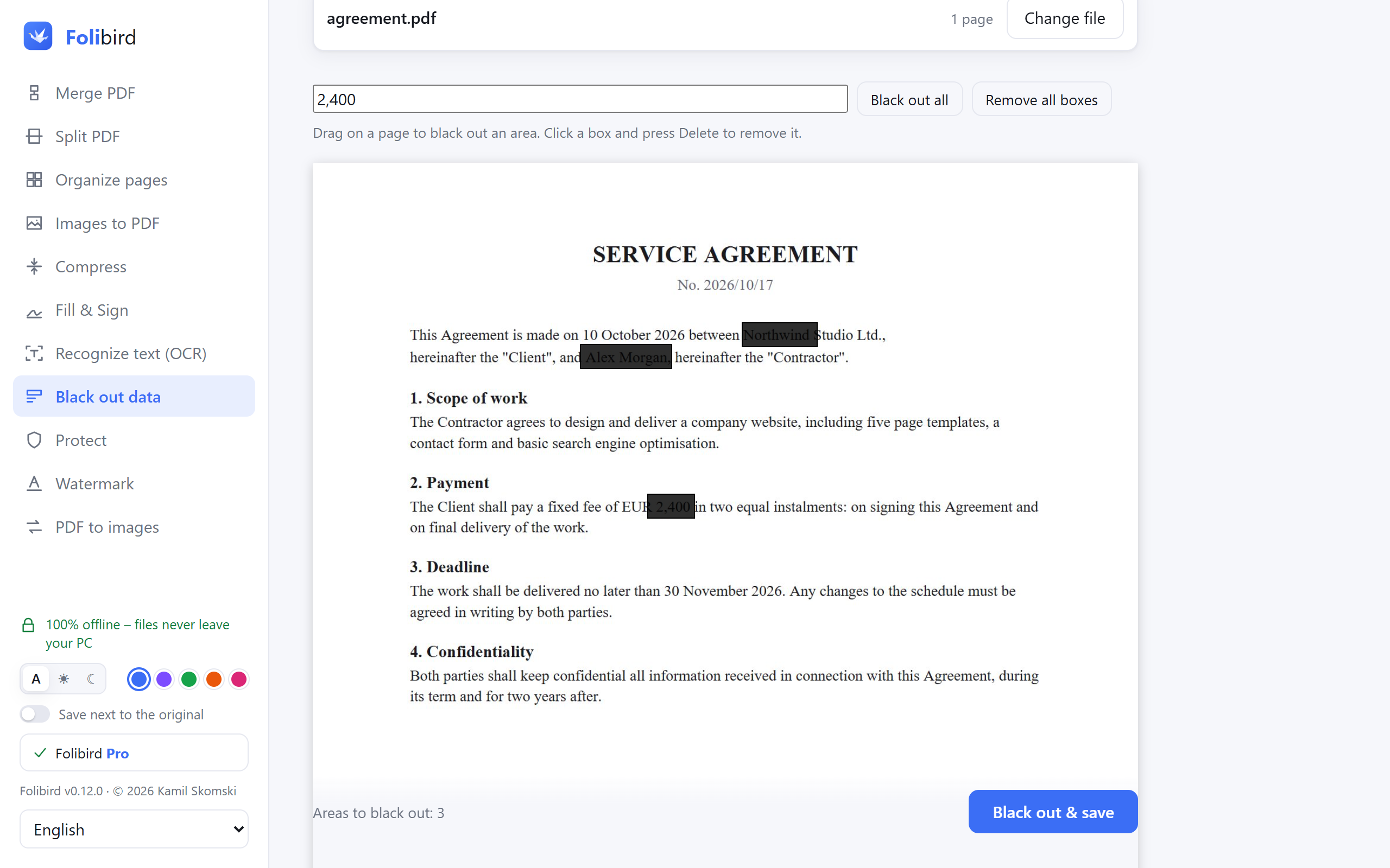 Folibird app screenshot – Black out data in a PDF
