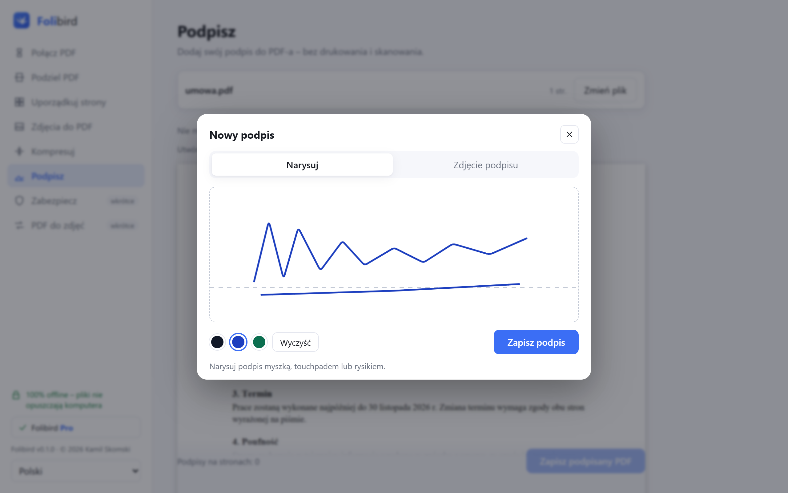 Rysowanie podpisu w programie Folibird