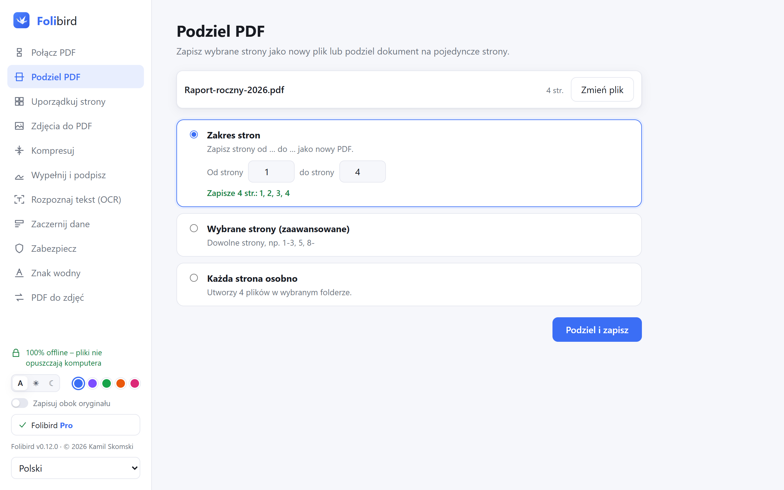Zrzut ekranu aplikacji Folibird – Podziel PDF