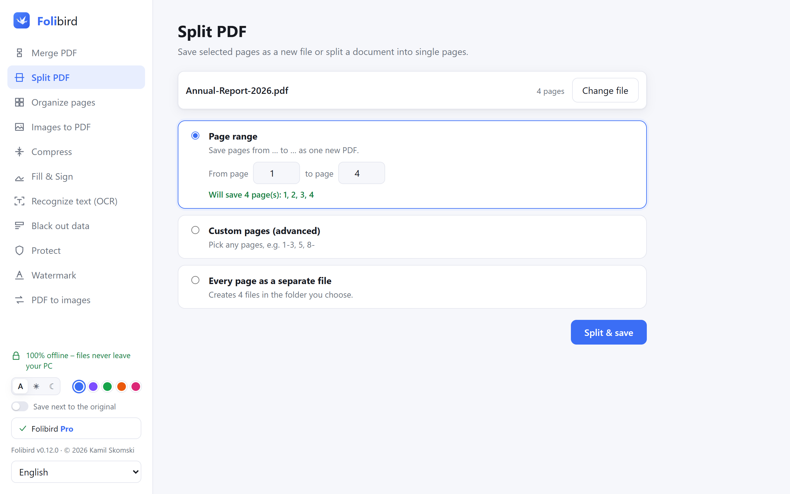 Folibird app screenshot – Split a PDF