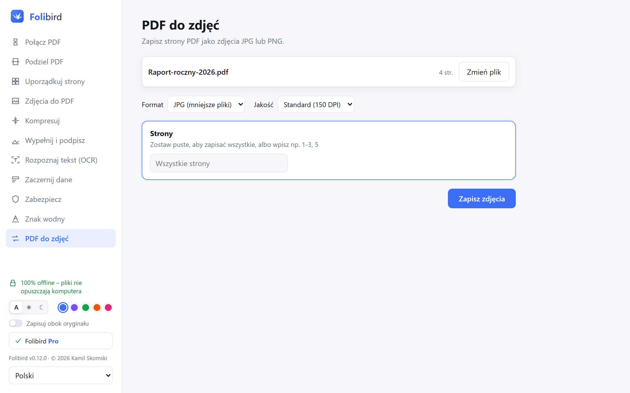 Zrzut ekranu aplikacji Folibird – PDF na JPG
