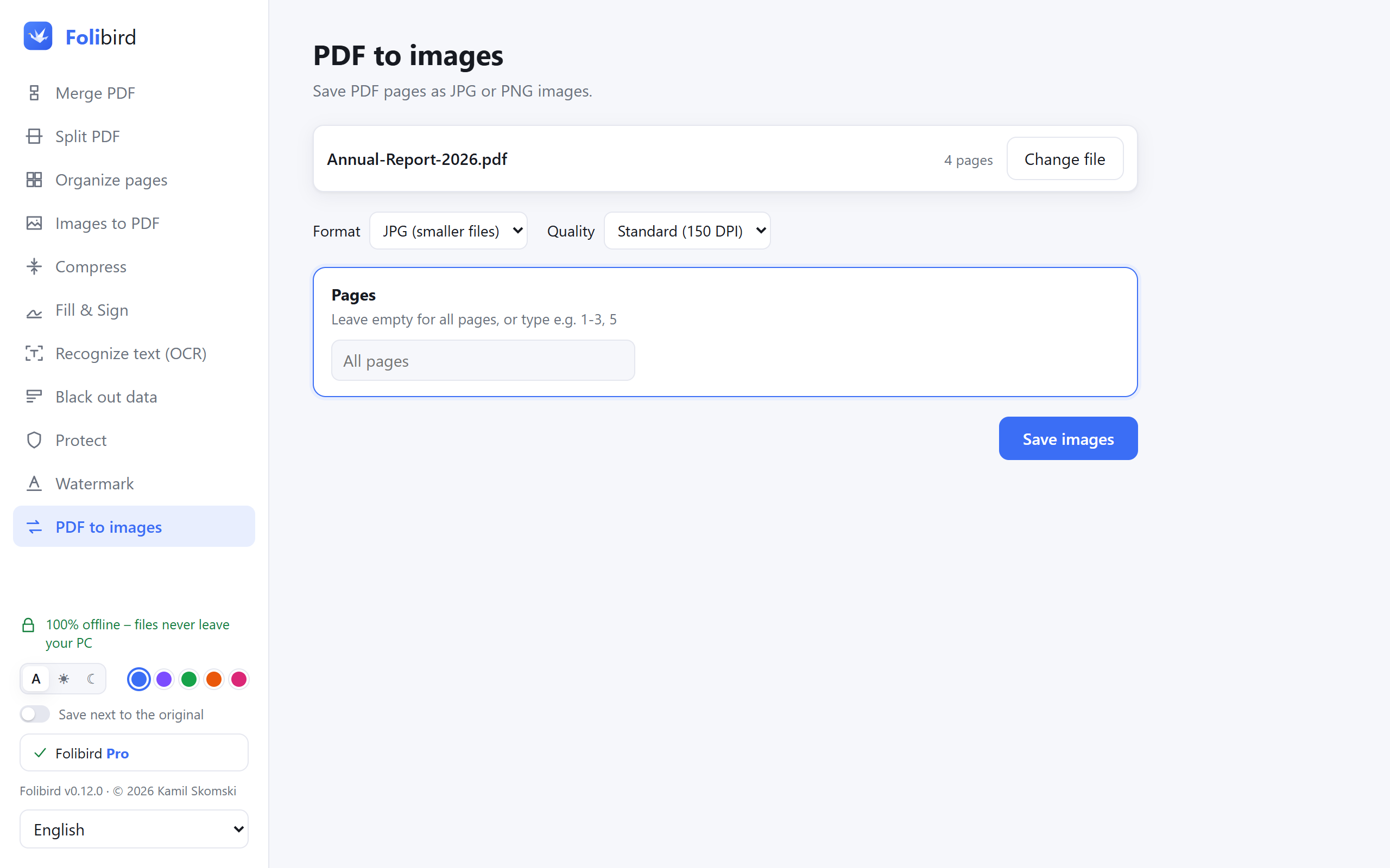 Folibird app screenshot – PDF to JPG