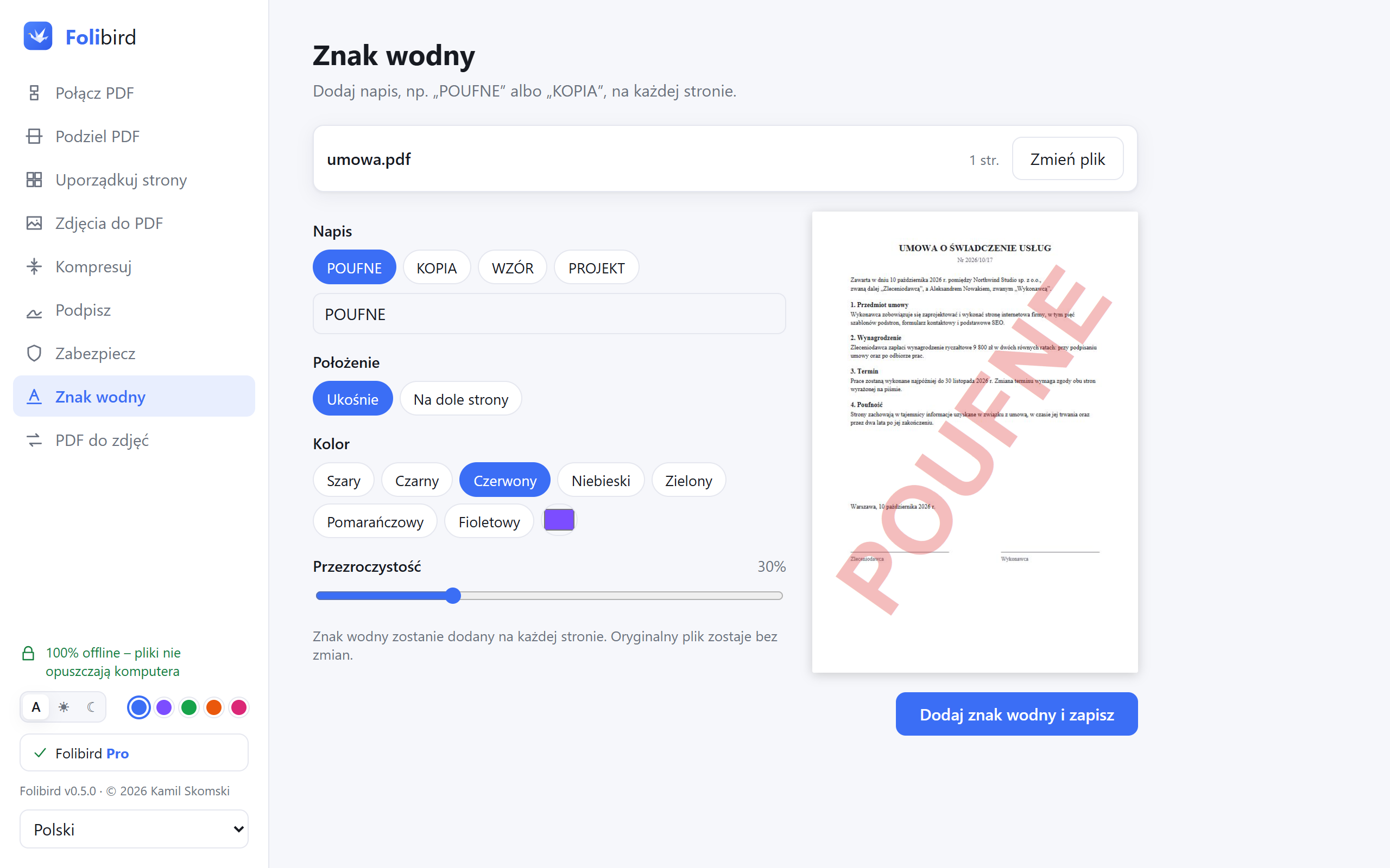 Zrzut ekranu aplikacji Folibird – Znak wodny PDF